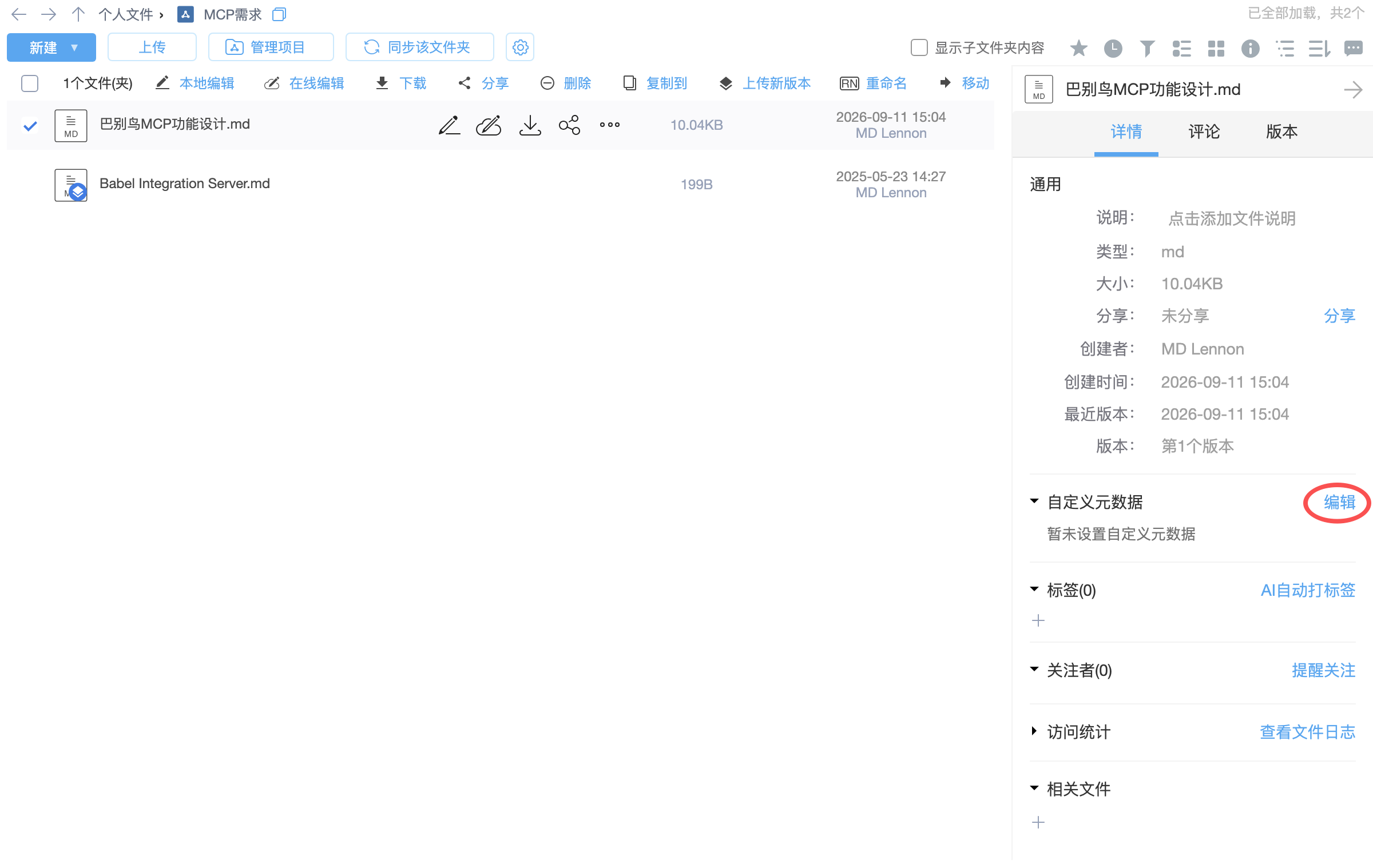 文件详情中的自定义元数据入口